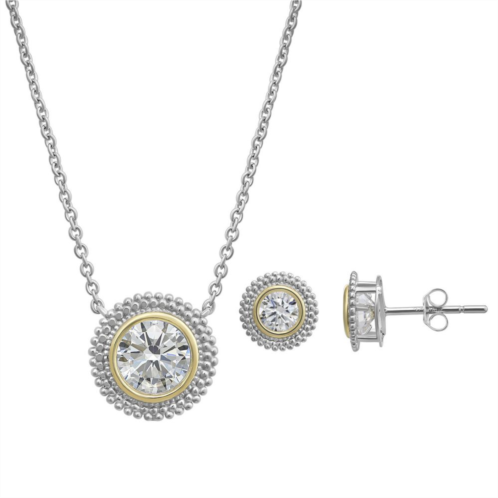 Taylor Grace 10k Gold & Sterling Silver Two-Tone Cubic Zirconia Round Halo Necklace & Stud Earrings Set