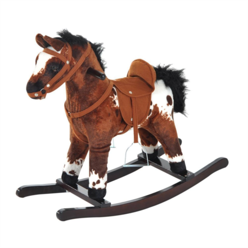 Qaba Kids Metal Plush Ride On Rocking Horse Chair Toy With Realistic Sounds Dark Brown/White