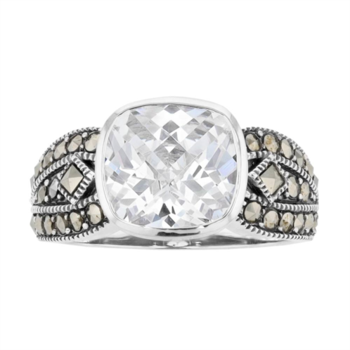 Lavish by TJM Sterling Silver Cushion White Cubic Zirconia & Marcasite Ring