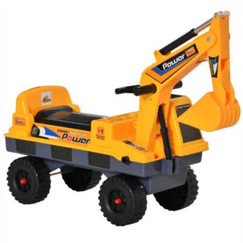 Qaba No Power Construction Ride On Toy Construction Truck Multi functional Excavator Digger with Workable Digging Bucket Pulling Construction Cart Tractor for Pretend Play Yellow