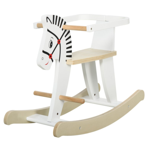 Qaba Wooden Rocking Horse Toddler Baby Ride on Toys for Kids 1 3 Years with Classic Design and Wood Safety Bar White