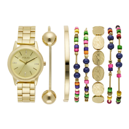 Folio Womens Gold Tone Watch & Colorful Stackable Bracelet Set