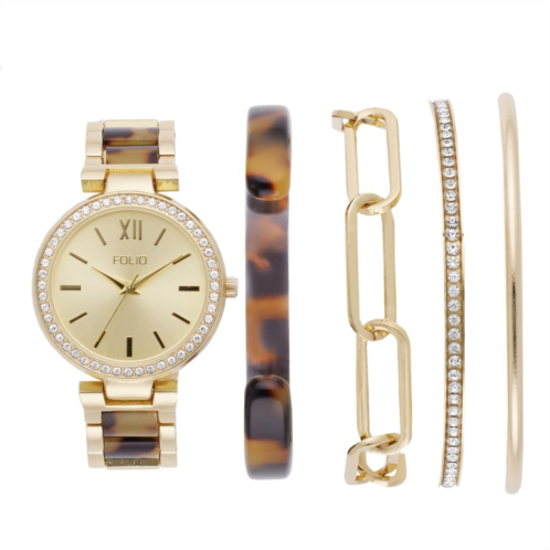 Folio Womens Gold Tone Glitz Watch & Stackable Bangle Bracelet Set