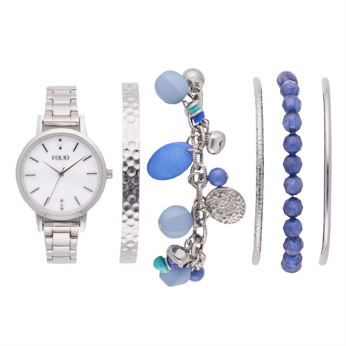 Folio Womens Silver Tone Watch & Blue Stackable Bracelet Set