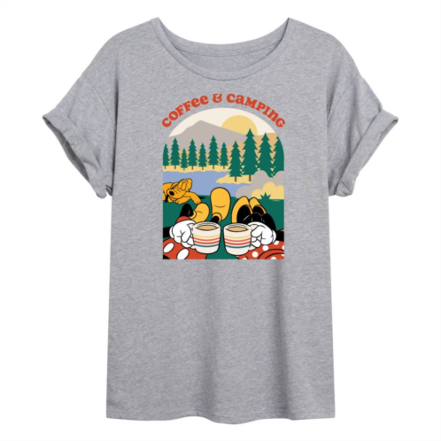 Licensed Character Disneys Mickey Mouse & Friends Juniors Coffee Camping Flowy Graphic Tee