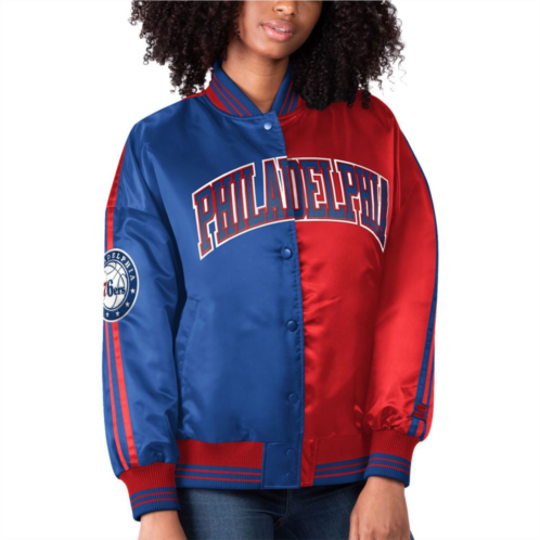 Womens Starter Royal/Red Philadelphia 76ers Split Colorblock Satin Full-Snap Varsity Jacket
