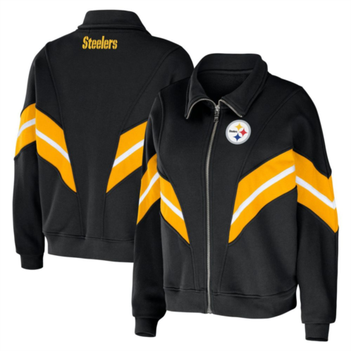 Womens WEAR by Erin Andrews Black Pittsburgh Steelers Plus Size Yarn Dye Stripe Full-Zip Jacket