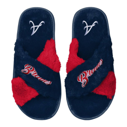 Unbranded Womens FOCO Navy Atlanta Braves Two-Tone Crossover Faux Fur Slide Slippers