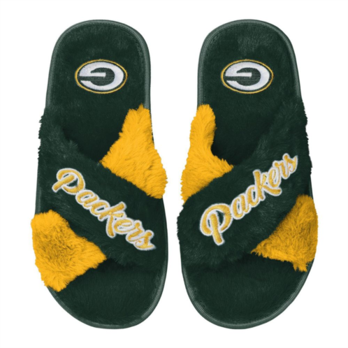 Unbranded Womens FOCO Green Green Bay Packers Two-Tone Crossover Faux Fur Slide Slippers
