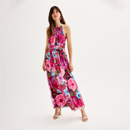 Womens London Times Floral Halter Ruched Maxi Dress