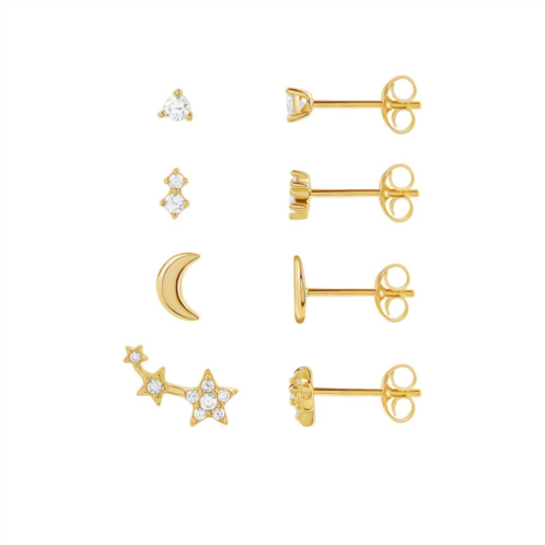 PRIMROSE 4-Pair 18k Gold Plated Cubic Zirconia Crescent Moon & Star Stud Earring Set