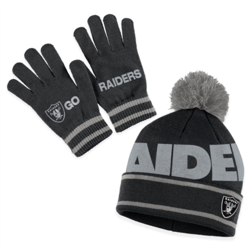 Womens WEAR by Erin Andrews Black Las Vegas Raiders Double Jacquard Cuffed Knit Hat with Pom and Gloves Set