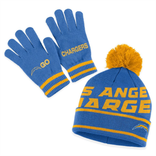 Womens WEAR by Erin Andrews Powder Blue Los Angeles Chargers Double Jacquard Cuffed Knit Hat with Pom and Gloves Set