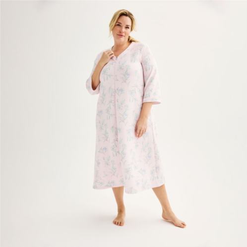 Plus Size Miss Elaine Essentials Quilt-In-Knit Long Floral Print Zip-Up Robe
