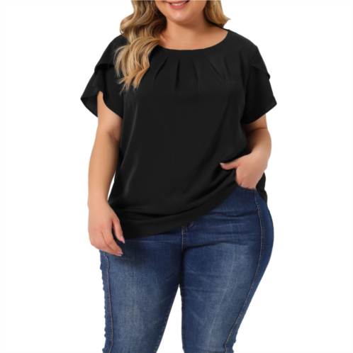 Agnes Orinda Womens Plus Size Solid Work Pleated Round Neck Basic Tulip Sleeves Top