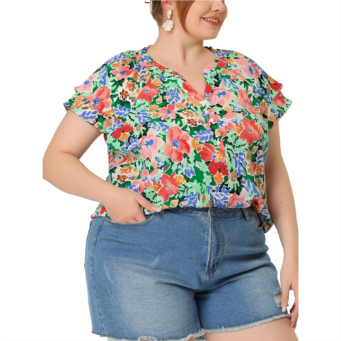 Agnes Orinda Womens Plus Size Retro Floral Tiered Short Sleeve V Neck Top