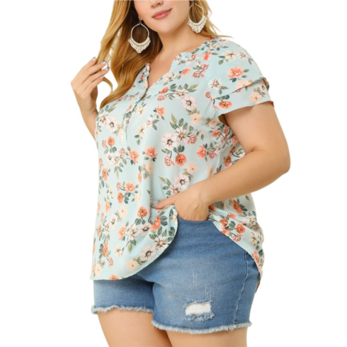 Agnes Orinda Womens Plus Size Retro Floral Tiered Short Sleeve V Neck Top