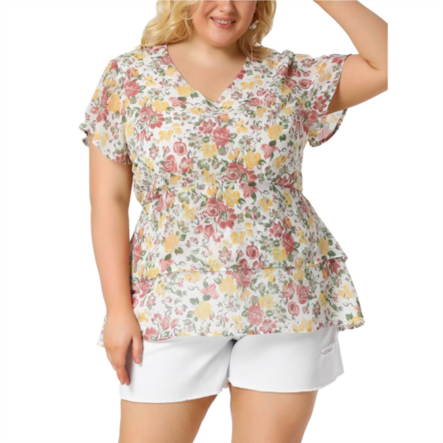 Agnes Orinda Womens Plus Size Floral Print V Neck Bell Sleeve Tiered Peplum Blouses