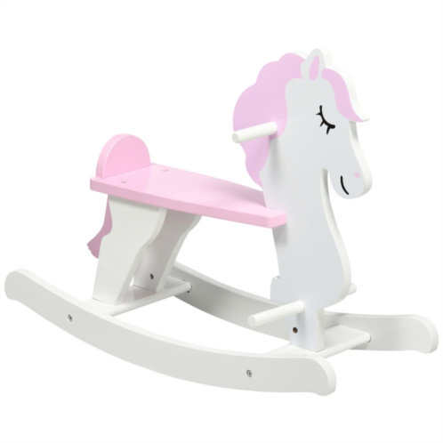 Qaba Little Wooden Rocking Horse Toy for Kids Imaginative Play, Childrens Small Baby Rocking Horse Ride-on Toy for Toddlers 1-3, Pink and White