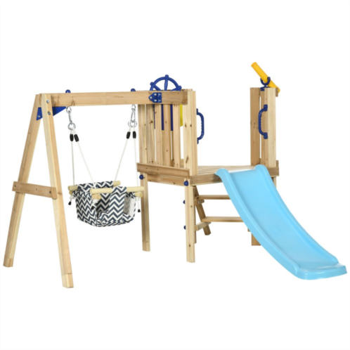 Outsunny 3 in 1 Wooden Outdoor Playset with Baby Swing Seat, Toddler Slide, Captains Wheel, Telescope, Backyard Playground Set, Kids Playground Equipment, Ages 1.5-4