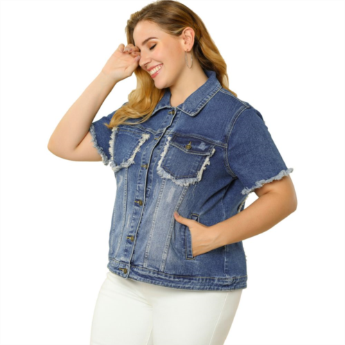 Agnes Orinda Womens Plus Size Distressed Short Sleeve Button Denim Jacket