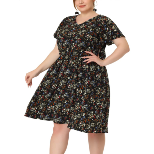 Agnes Orinda Womens Plus Size Summer V Neck Elastic Waist Casual Ditsy Floral Midi Shirt Dresses