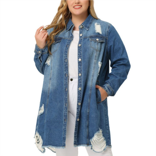 Agnes Orinda Womens Plus Size Jean Jacket Classic Distressed Fray Hem Trucker Denim Jackets