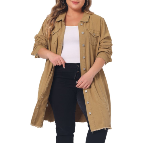 Agnes Orinda Womens Plus Size Ripped Long Sleeve Mid Length Denim Jacket