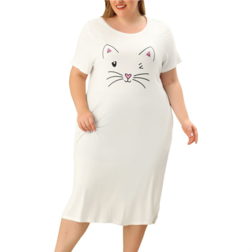 Agnes Orinda Womens Plus Size Comfy Pajamas Cute Cat Print Side Pocket Nightgown