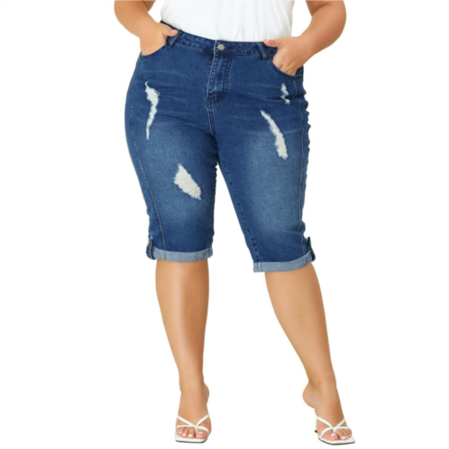 Agnes Orinda Womens Plus Size Denim Jeans Skinny Rolled Hem Knee Length Capri Shorts