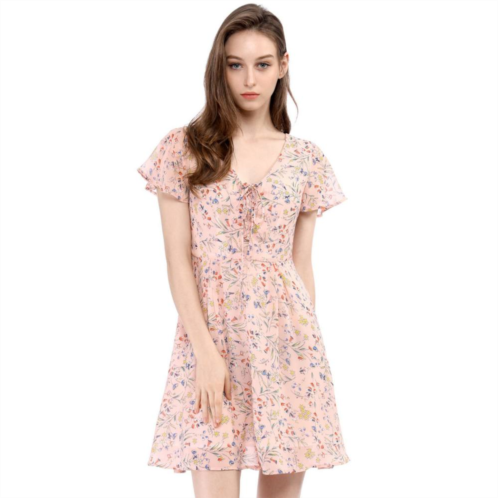 ALLEGRA K Womens Floral Lace-up Chiffon Dress