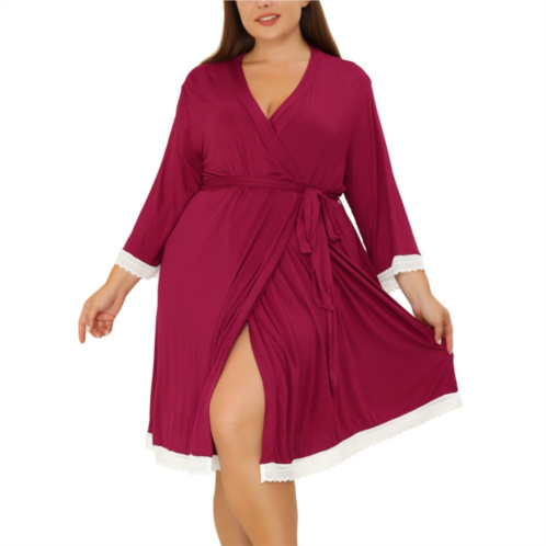 Agnes Orinda Womens Plus Size Nightgown Wrap Bathrobe Tie Belt Lace Trim 3/4 Sleeve Pajama