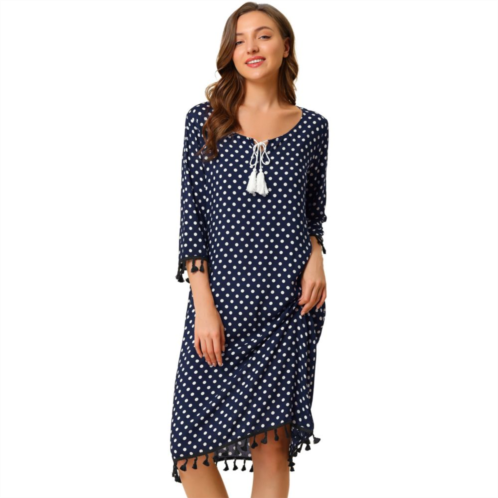 ALLEGRA K Womens Polka Dots Tassel Nightgown Dress Pajama Sleepwear 3/4 Sleeve Nightdress