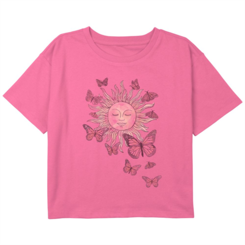 Unbranded Girls 7-16 Meditating Sun And Butterflies Boxy Crop Graphic Tee