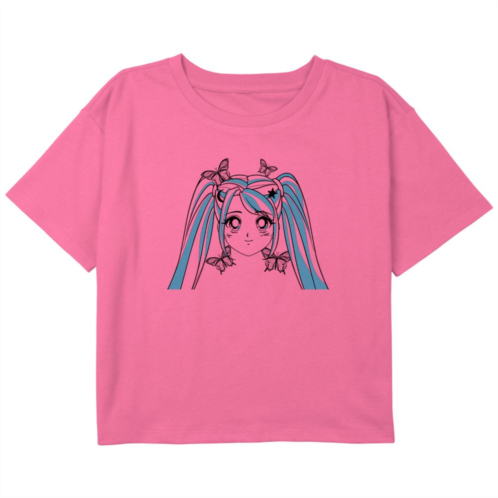 Unbranded Girls 7-16 Anime Girl With Butterflies Boxy Crop Graphic Tee