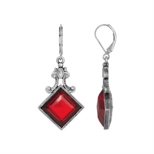 1928 Pewter Red Square Drop Earrings