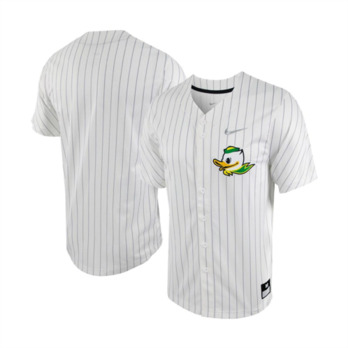 Mens Nike White/Silver Oregon Ducks Pinstripe Replica Full-Button Baseball Jersey