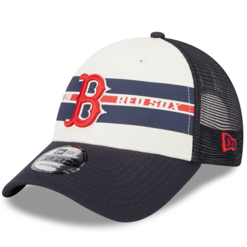 Mens New Era White/Navy Boston Red Sox Team Stripe Trucker 9FORTY Snapback Hat
