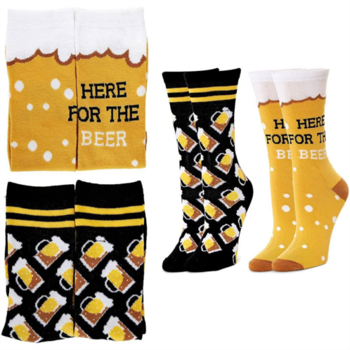 Zodaca Beer Crew Socks for Women, Here for the Beer, One Size (Yellow, Black, 2 Pairs)