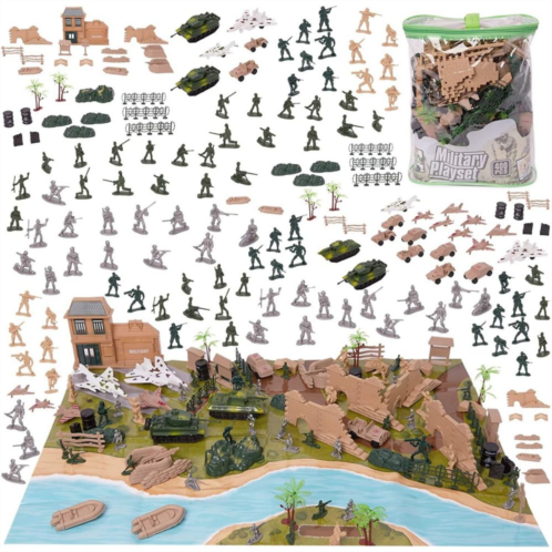 Blue Panda Army Men Action Figures Set with Map, Includes Carrying Tote for Easy Clean Up (400 Pieces)