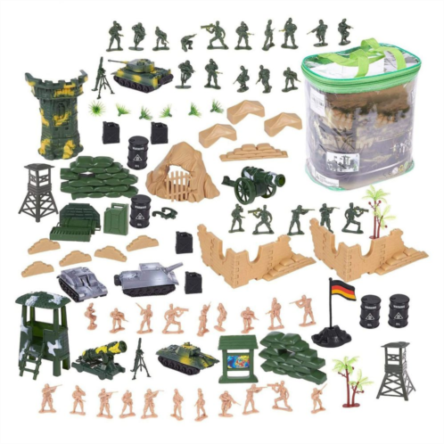 Juvale 100 Piece Toy Army Men for Boys in 2 Colors, War Soldiers Toys Playset with 2 Flags and Battlefield Accessories, Military Figures