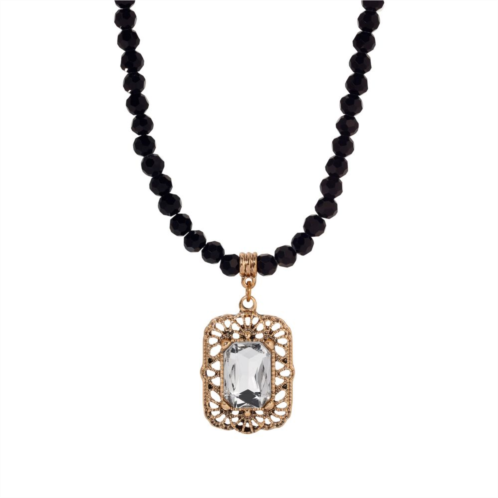 1928 Gold Tone Bead and Simulated Crystal Pendant Necklace
