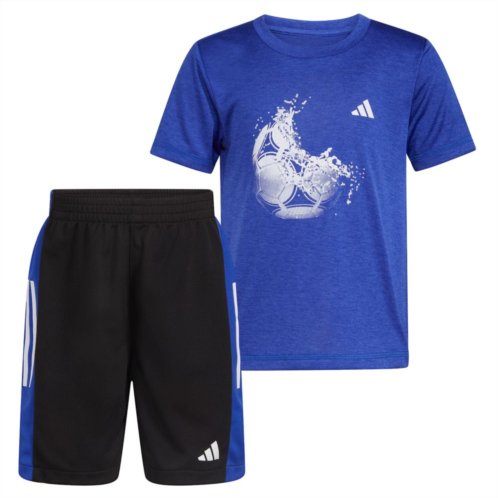 Toddler Boy adidas Soccer Splash Graphic Tee & 3-Stripe Colorblock Shorts Set