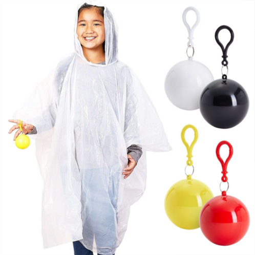 Juvale 4 Pack Disposable Rain Ponchos for Kids with Hood and Attachable Round Case, Clear Plastic Raincoats for Emergency, Girls, Boys (White)