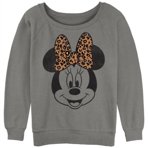 Disneys Minnie Mouse Juniors Leopard Print Bow Portrait Slouchy Graphic Sweatshirt