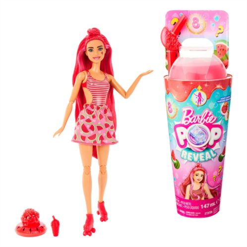 Barbie Pop Reveal Fruit Series Watermelon Crush Pink-Streaked Red Hair, Brown Eyes Barbie Doll & 8 Surprises