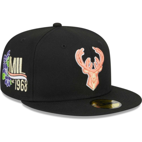 Mens New Era Black Milwaukee Bucks Floral Side 59FIFTY Fitted Hat