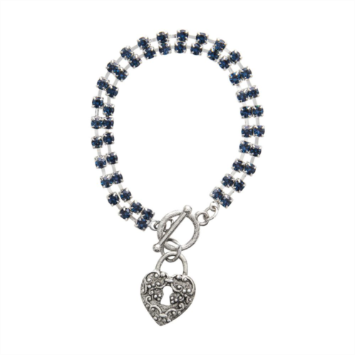 1928 Silver Tone Blue Crystal Heart Padlock Toggle Bracelet