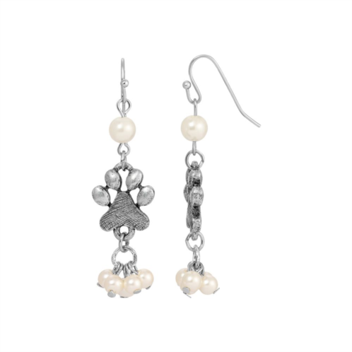 1928 Silver Tone Simulated Pearl Paw Drop Earrings