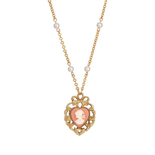1928 Gold Tone Simulated Pearl Pink Cameo Heart Pendant Necklace
